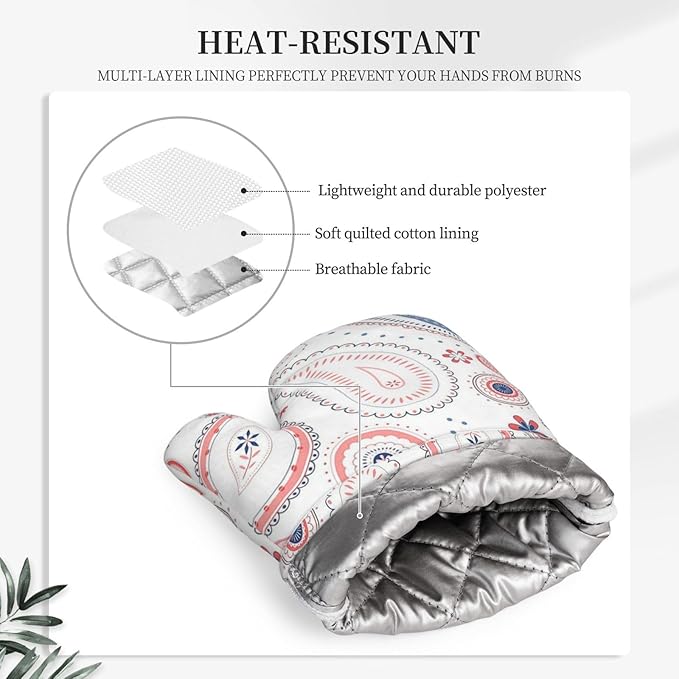 Silicone Oven Mitts and Pot Holders Sets, Home Pink Paisley Heat Resistant BBQ Gloves for Kitchen Baking Cooking Grilling Microwave