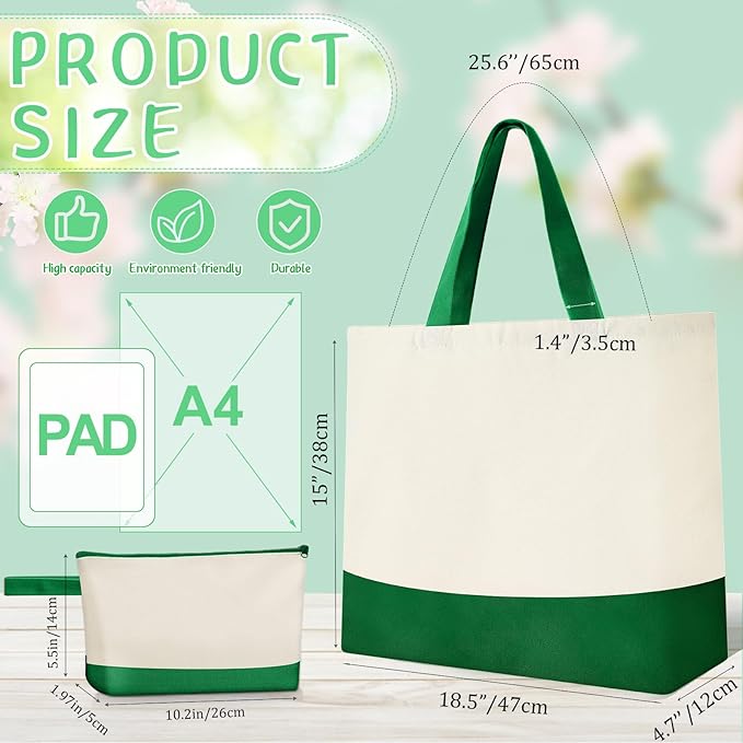 Sanwuta Canvas Tote Bags Bulk with Zipper Cosmetic Pouch 18.5" Reusable Cotton Shopping Bag with Handle for DIY Craft