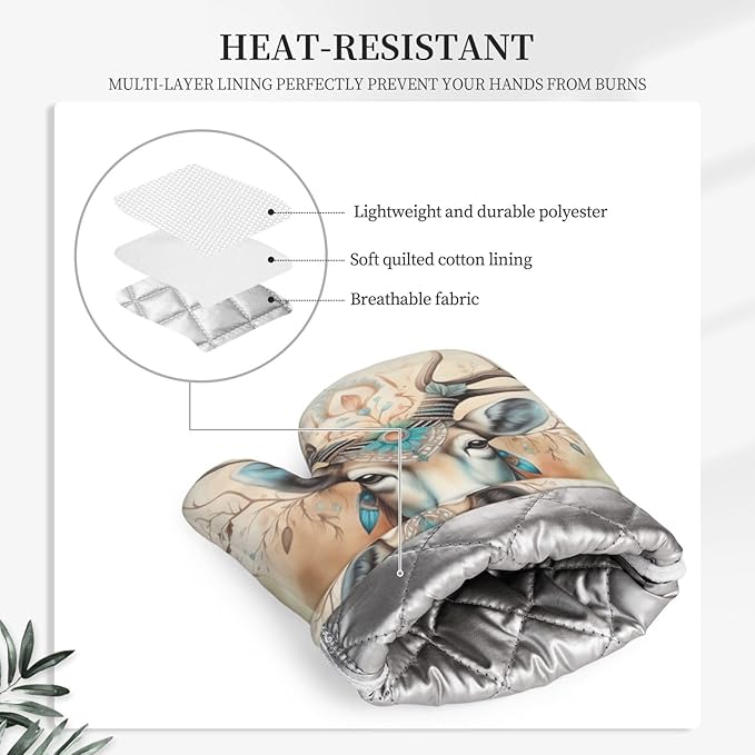 Rustic Deer Animal Oven Mitts and Pot Holders Sets, Home Silicone Heat Resistant BBQ Gloves for Kitchen Baking Cooking Grilling Microwave