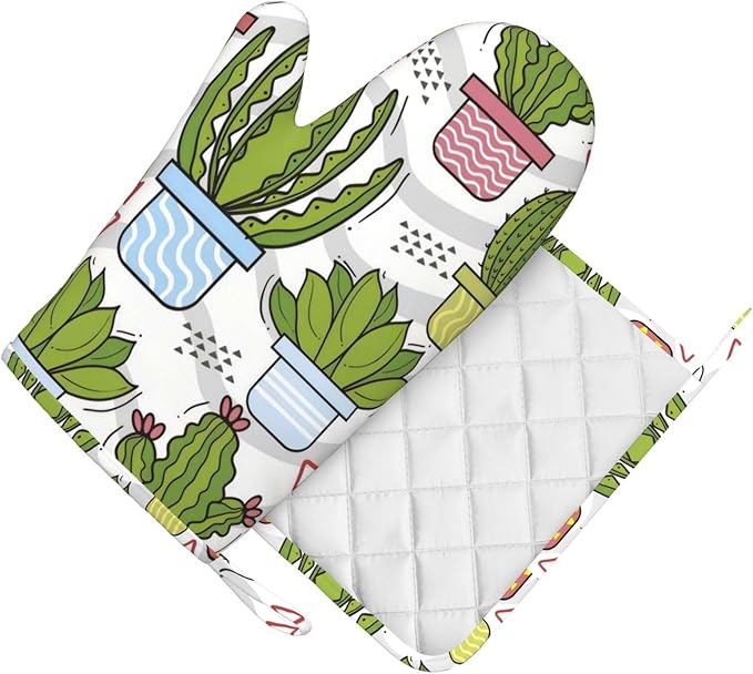 Silicone Oven Mitts and Pot Holders Sets, Home Cute Cactus Heat Resistant BBQ Gloves for Kitchen Baking Cooking Grilling Microwave