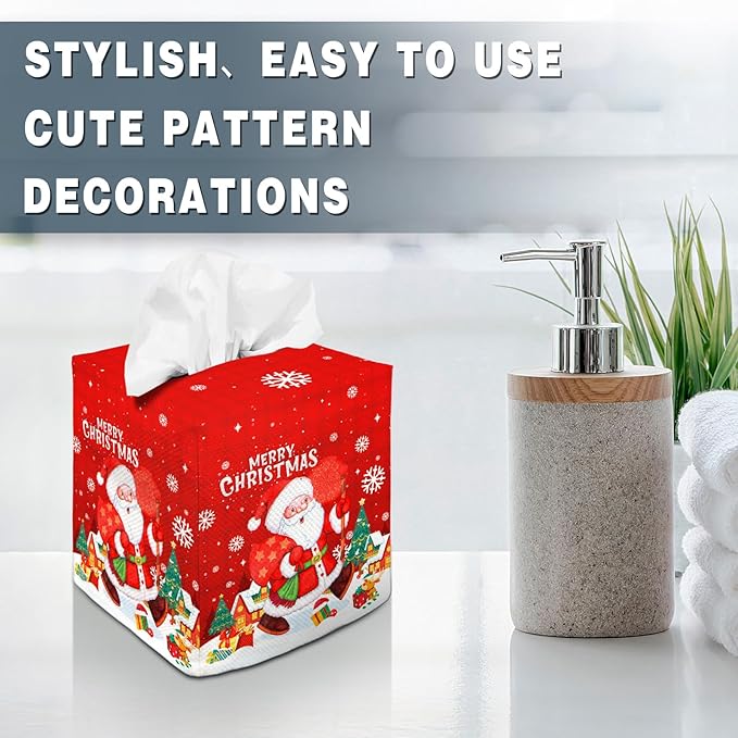 Tissue Box Cover Square Decorative Tissue Box Holder Cute Funny Cube Tissue Case Cover-Xmas Decor Christmas Santa Claus Tissue Box Cover