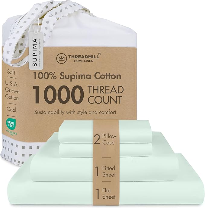 Threadmill Supima King Size Sheets, 1000 Thread Count, 4 Piece American Luxury Bed Sheets for King Mattress, 5 Star Hotel Quality Cotton Sheets with Elasticized Extra Deep Pocket, Seaglass