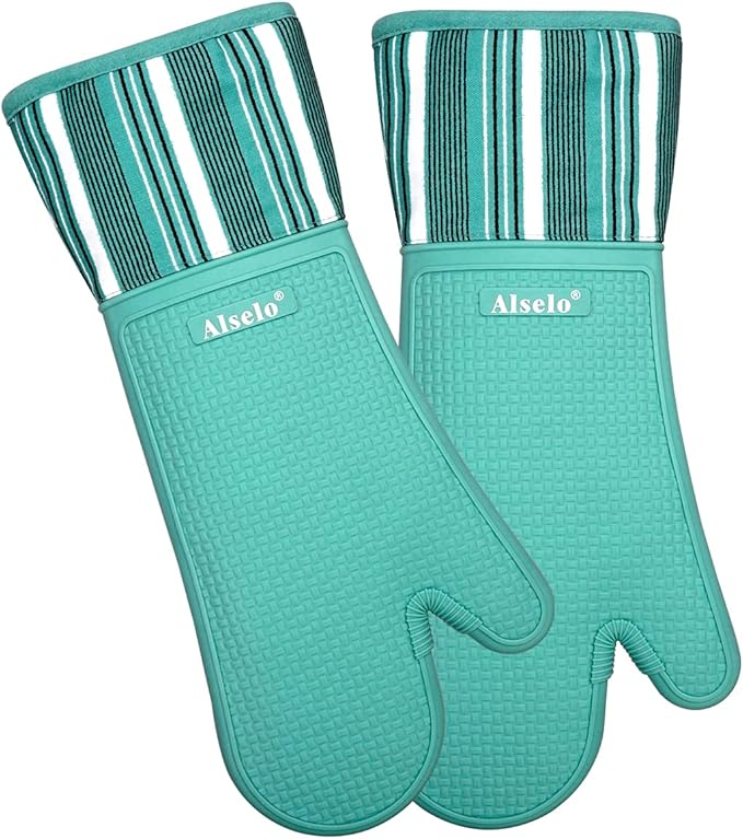 Silicone Oven Mitts Heat Resistant 550 Degree Extra Long Kitchen Gloves Pot Holders with Waterproof and Non-Silp for Baking Cooking Barbecue Microwave Machine Washable (Extra Long Blue, 2)