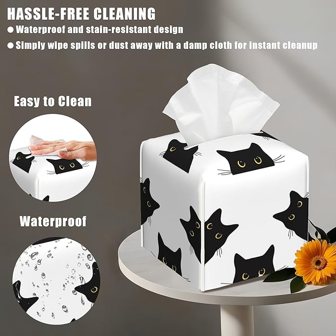 BLYKVGHQ Black Cat Tissue Box Cover Square, Tissue Box Holder with Bottom Belt Leather Facial Paper Organizer Dispenser for Bathroom Bedroom Dresser Night Stand Tabletop