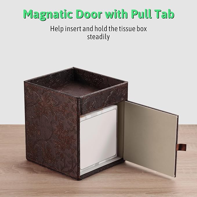 Lorteme Tissue Box Cover, PU Leather Square Tissue Box Holder with Upper Storage Tray for Bathroom/Countertop/Nightstand/Office Table - Antique