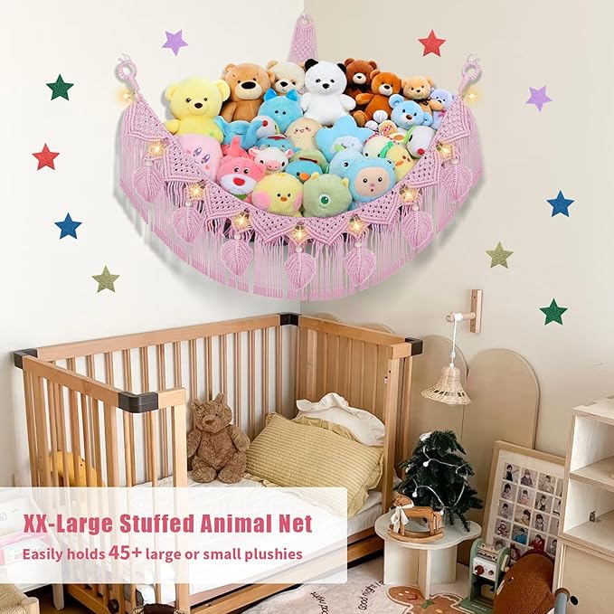 Stuffed Animal Storage Hammock Corner, 56'' Large Stuffed Animal Net Organizer for Teddy Plush Nursery Decor, Boho Macrame Leaf Toy Holder, Light Pink Toy Net w/ LED Star Light for Kid Girl Gift