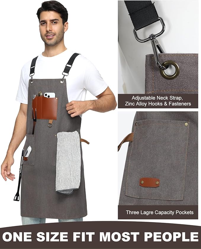 Kitchen Apron - 3 Large Pockets, Cross Back Apron With Adjustable Straps, Cooking Kitchen Chef Apron For Women And Men, Wear-Resistant & Easy To Clean.(Gray)