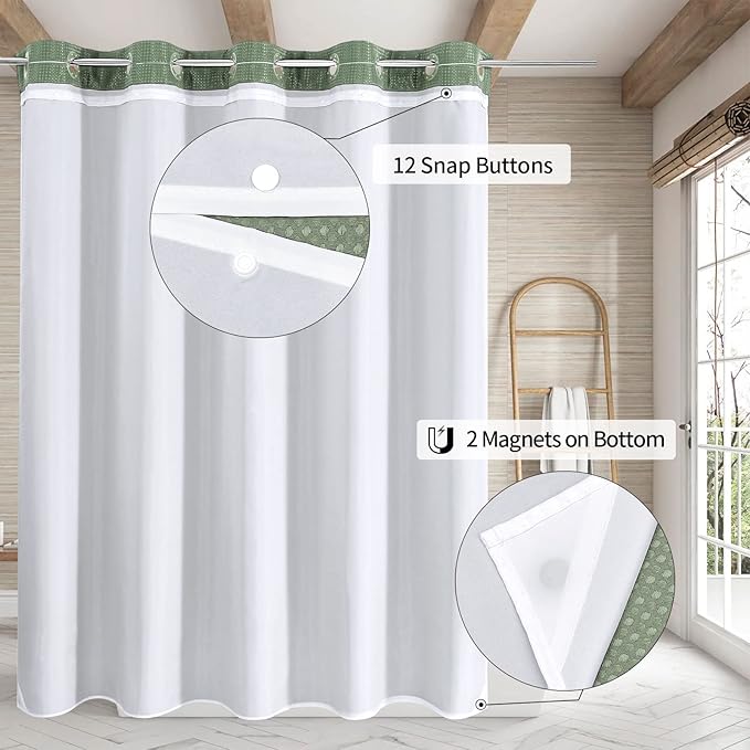 MitoVilla Sage Green Waffle Long Shower Curtain Liner Set 72 x 80, No Hooks Required 80 inch Long Fabric Cloth Shower Curtain Set with Cloth Snap-in Liner for Modern Hotel Bathroom Decor