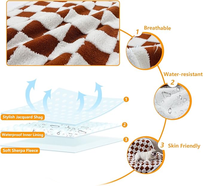 Maidewow Waterproof Pet Blanket,Dog Bed Covers Couch Sofa Stylish Jacquard Pets Throw Blankets for Puppy Cats Washable Reversible Furniture Protection Covers (Coffee Check,L)