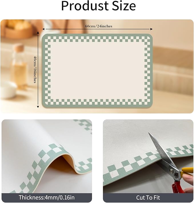 2PCS Non-slip Dish Drying Mats Black Sage Beige Checkered Coffee Bar Mat for Countertops 24''x16'',Sage White