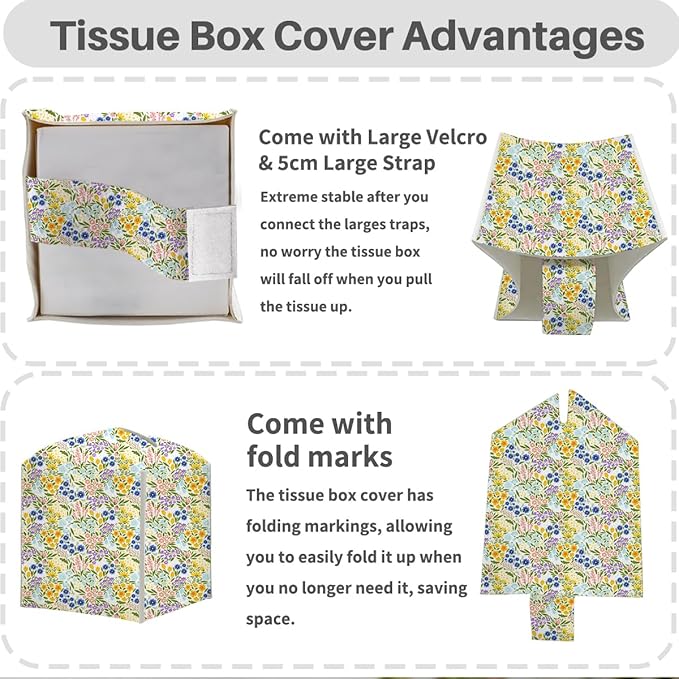 Tissue Box Cover, Tissue Box Holder, Square with Belt Bottom, PU Leather Decorative Organizer for Desk, Tabletop, Bathroom, Toilet Car, Office, Dresser Bedside Night Stand, Aesthetic Floral Decor