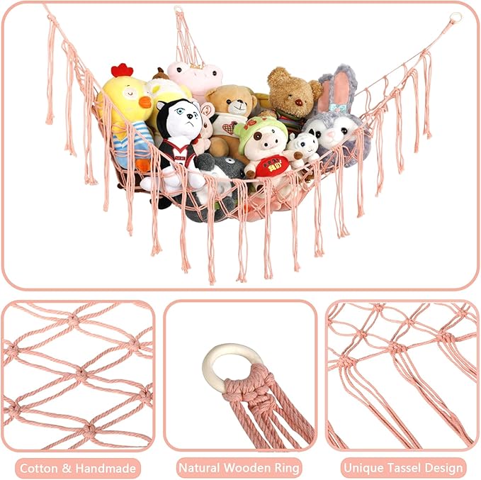 Stuffed Animal Hammock Corner, Hand-knitted Large Plushie Net Toy Hammock with Wooden Rings | Boho Cute Stuff Animal Storage for Nursery & Bedroom | Mesh Kids Toy Organizer Holder Nursery Room Decor