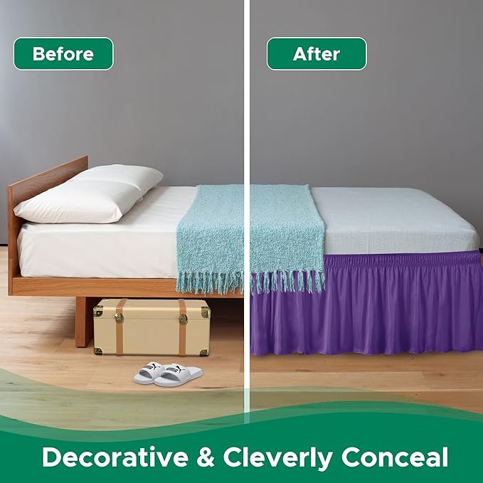 Biscaynebay Wrap Around Bed Skirts for Full & Full XL Beds 15" Drop, Purple Adjustable Elastic Dust Ruffles Easy Fit Wrinkle & Fade Resistant Silky Luxurious Fabric Machine Washable