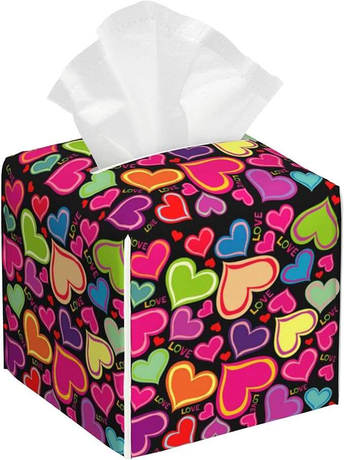 Rainbow Hearts Tissue Box Cover Square,Tissue Box Holder with Belt Bottom,Stylish Leather Napkin Holder for Vanity Countertop,Nightstands,Office Desk,5.2"×5.2"×5.2"