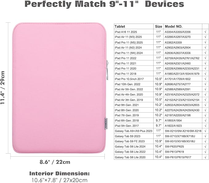 MoKo 9-11 Inch Tablet Sleeve Bag Carrying Case Fits New 11inch iPad Air M3, iPad A16 2025, iPad Pro 11 M4, Air 5/4/3, iPad 10/9/8th Gen, Tab S8/S9 11", Pink