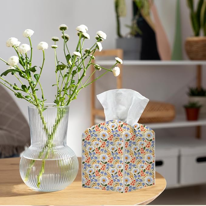 Tissue Box Cover, Tissue Box Holder, Square with Belt Bottom, PU Leather Decorative Organizer for Desk, Tabletop, Countertop Bathroom, Toilet Car, Office, Dresser Bedside, Aesthetic Flower Decor