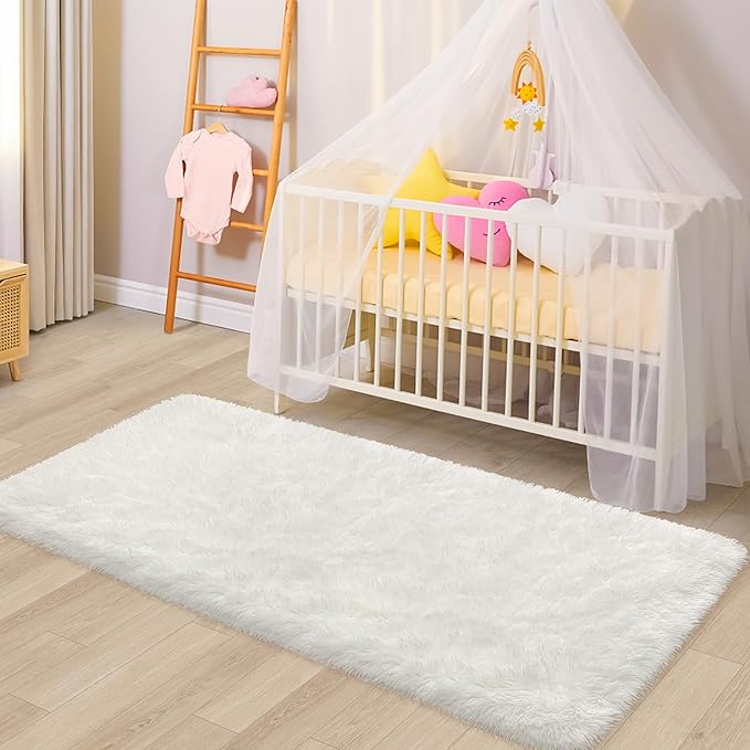 2x6 Ft Shag White Runner Rug for Bedroom Fuzzy Soft Fluffy Carpet Non-Slip Bottom for Hallway Bedside Living Room Dorm, Furry Area Rug for Nursery Playroom Indoor Home Decor