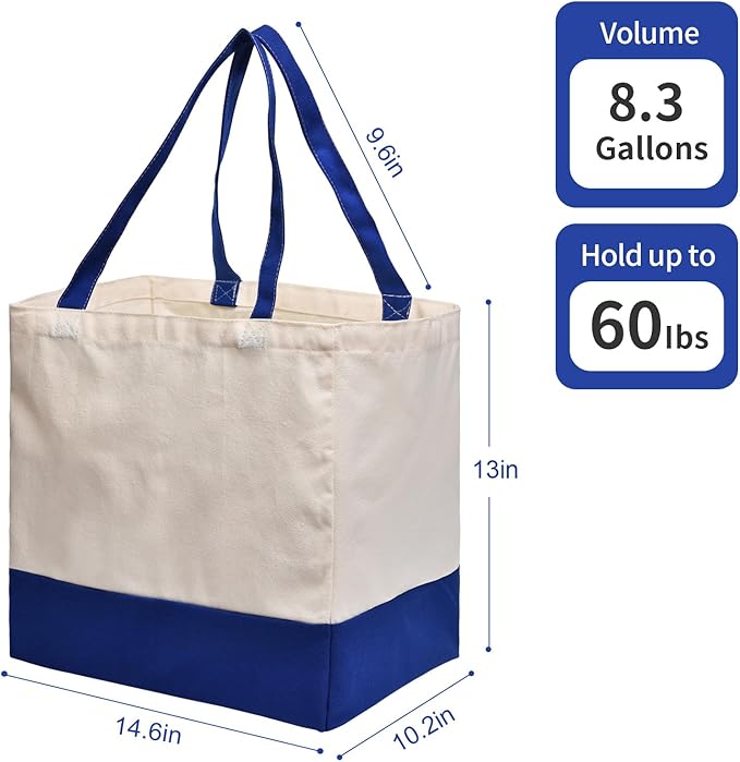 CNaiyunpin 3 Pack Canvas Reusable Grocery Bags Heavy Duty, 8.3 gal Foldable Large Tote Bag with Handles, Holds 60 lbs Canvas Shopping Bags & Washable Eco-friendly Bags with 5 Pockets, Blue+Off White