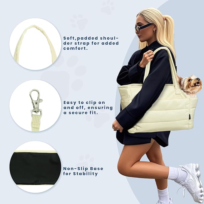 STRAODTIC Lightweight Dog Purse Carrier for Small Dogs Under 15 lbs, Puffy Quilted Pet Carrier Tote for Puppies with Safety Leash Clip, Women's Hands-Free Dog Carrier Bag for Travel/Shopping (Beige)