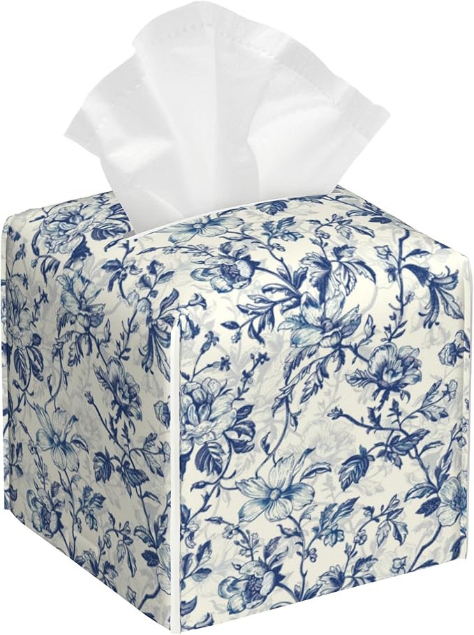 Vintage Blue Floral Flowers Tissue Box Cover Square Leather Tissue Holder Waterproof Facial Paper Organizer Dispenser Cube Paper Cover Case for Home Office Bathroom Vanity Countertop