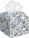 Vintage Blue Floral Flowers Tissue Box Cover Square Leather Tissue Holder Waterproof Facial Paper Organizer Dispenser Cube Paper Cover Case for Home Office Bathroom Vanity Countertop
