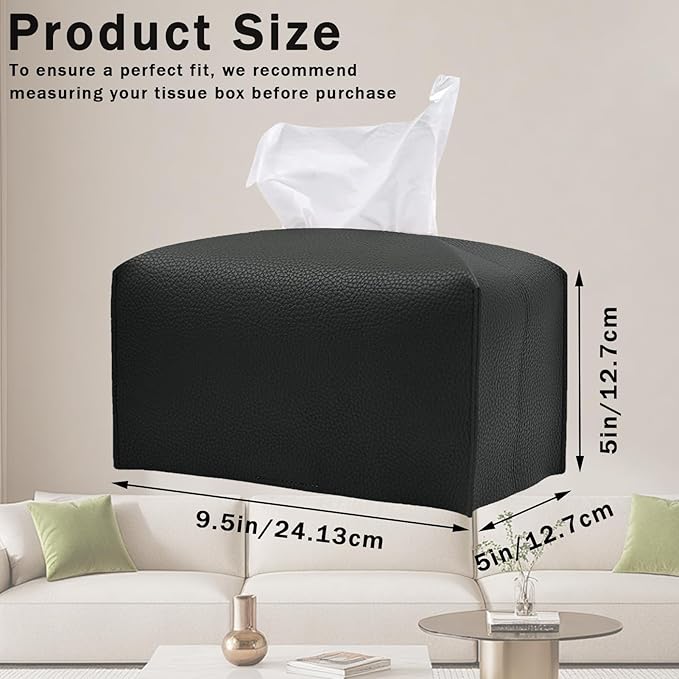 Hapforever 1PC Extra Large Rectangle Tissue Box Cover, PU Leather Rectangular Tissue Box Holder with Bottom Belt Plus Size Tissue Box Organizer for Bathroom/Car/Hotel/Office (9.5’’x5’’x5’’, Black)