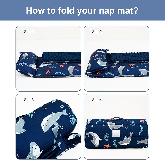 PHF Toddler Nap Mat with Removable Pillow and Minky Fleece Blanket, Rollup Design Warm Slumber Bags for Boys, 52"x20"x2" Kids Sleeping Bag for Daycare Preschool Travel Camping, Shark