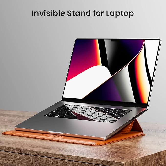 INVZI MacBook Sleeve, Vegan Leather Bag Compatible with 13”/14" MacBook Air, MacBook Pro 14 inch M3 M2 M1 2021-2024, Compact Design with Invisible Stand (Saddle Brown)