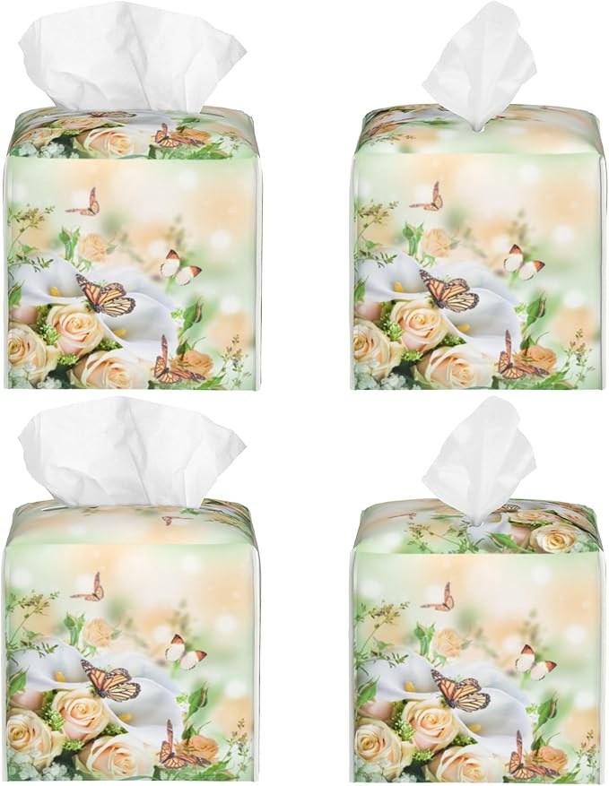 Rose Flowers and Butterfly Tissue Box Cover Square,Yellow Roses Floral Tissue Box Holder Waterproof Leather Facial Paper Organizer Dispenser for Bathroom Home Car Nightstand Vanity Desk