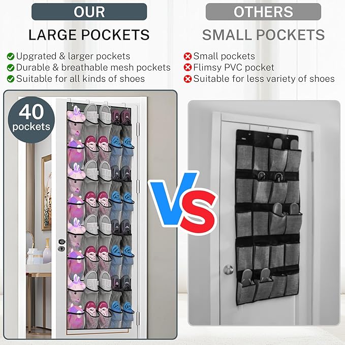 Hualleko 40-Pocket Over the Door Shoe Organizer - Large Mesh Pocket Hanging Shoe Organizer,Behind the Door Shoes Storage Holder Hanger,Large Capacity Design for Dorm Room College,Store 20 Pairs(Grey)