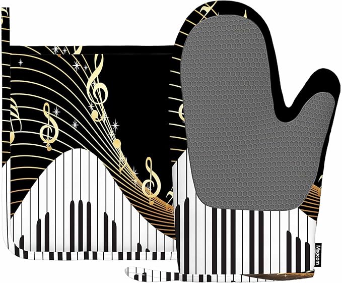 Mxocom Piano and Music Note Heat-Resistant Oven Mitts and Pot Holder Instrument Melodic Letter Twinkle Black Kitchen Non-Slip Cooking Microwave Gloves for Cooking Baking Grilling