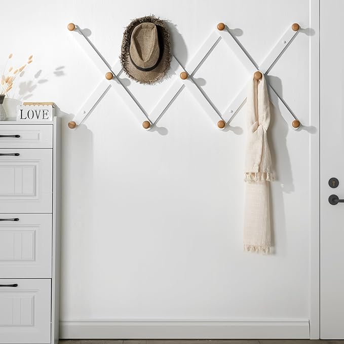 SKOLOO Large Hat Rack for Wall, Wooden Accordion Wall Hanger, Modern, Expandable Coat Hooks, Hat Display Rack for Home, Office, and Studio, 11 Peg, Natural & White