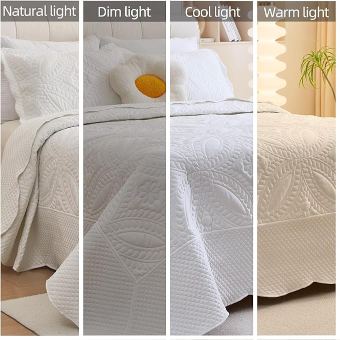 Cmfshape Oversize King Bedspread 120"x120",3 Piece California King Quilt,Lightweight Quilt Set for All Season,Modern Coin Pattern Bedding Set White