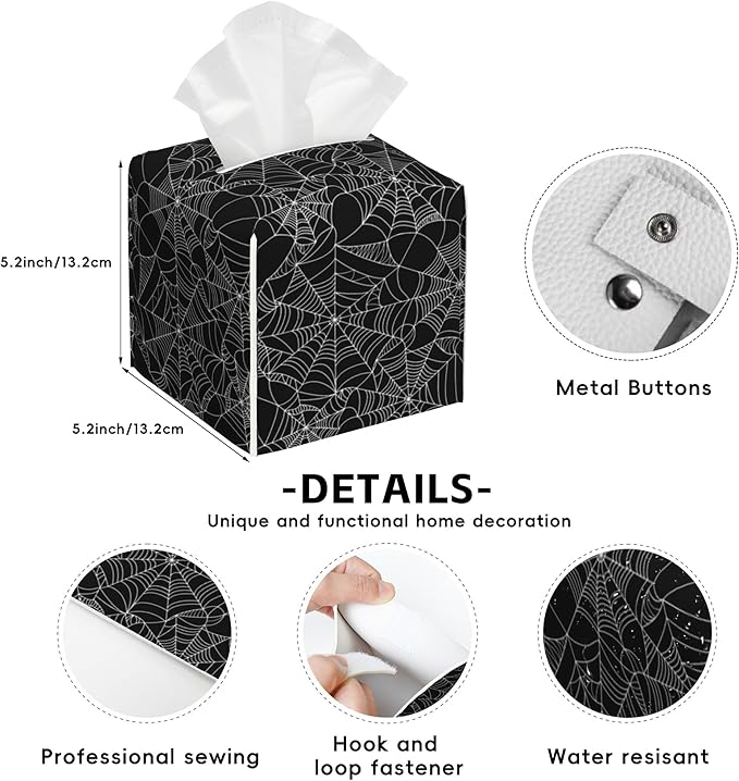 Spider Web Tissue Box Holder,Cube Tissue Box Cover Holder,Leather Facial Paper Organizer Dispenser Home for Bedroom Night Stands,Kitchen,Office and Car,5.2"×5.2"×5.2"