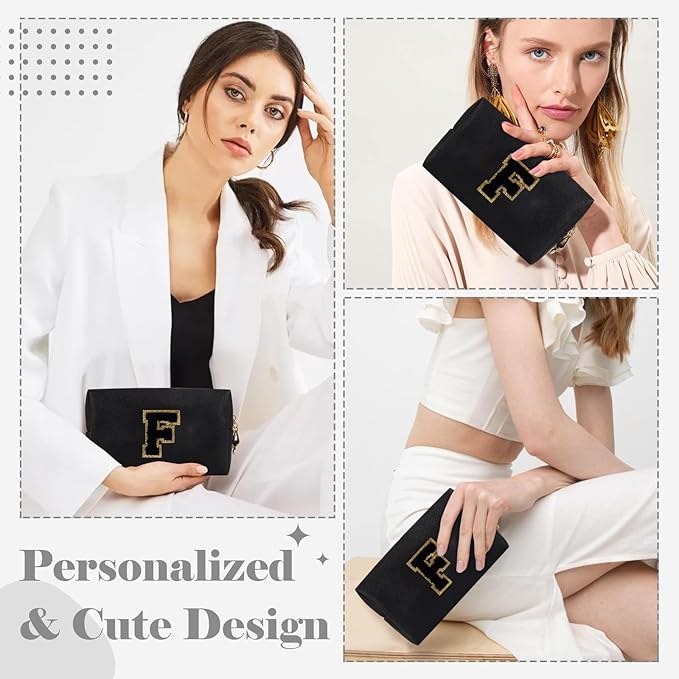 Personalized Initial A-Z Preppy Patch Makeup Bag,Small PU Chenille Letter Cosmetic Bag with Zipper for Teen Girls,Black Cute Toiletry Organizer Bag,Monogram Makeup Case Gift for Women Girls,Letter F