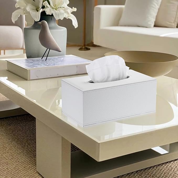 Sumnacon Tissue Box Cover Rectangle Tissue Box Stylish PU Tissue Box Holder with Magnetic Bottom, Decorative Leather Tissue Cover for Living Room Bathroom Table Desk Home Office Car, White