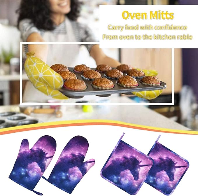 Purple Unicorn Galaxy Star Oven Mitts And Pot Holders Set Of 4 Silicone Heat Resistant Oven Mitten Potholders Non Slip Gloves Kitchen Decor For Bbq Cooking Grilling Baking