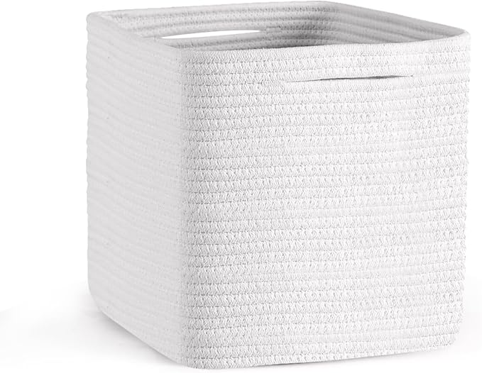 Storage Cubes 11 Inch Storage Baskets for Shelves, Cotton Rope Woven Baskets for Organizing, Cube Storage Square Bins for Toy, Playroom Decor, Classroom, Closet, White, 1pack