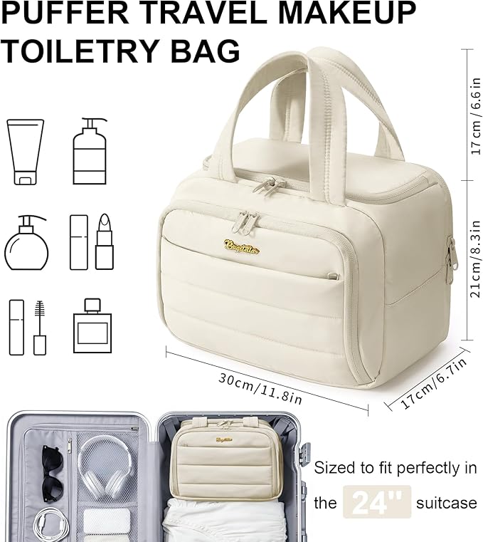 Bagstellar Travel Toiletry Bag, Lightweight Wide-open Large Puffy Toiletry Bag for Women, Quilted Makeup Bag Organizer Water-resistant Cosmetic Bag with Handle for Toiletries, Essentials, Accessories
