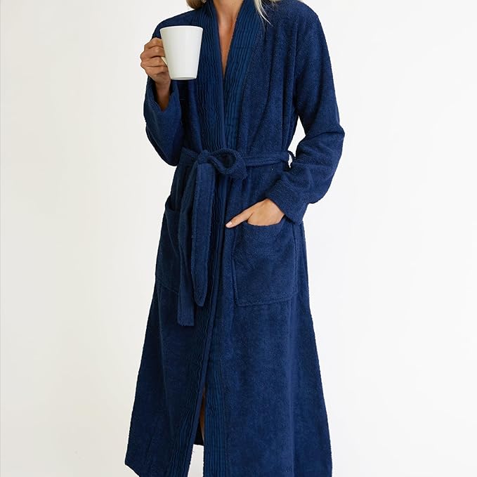 Nine Space Turkish Cotton Pleated Trim Terry Robe | Luxurious Bathrobe, Soft Spa Robe, Cozy Lounge Wear for Women