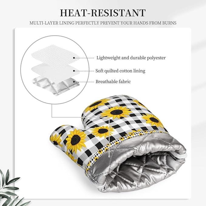 Heat Resistant Oven Mitts 2 Pack, 500°F Silicone Oven Gloves with Non-Slip Grip, Soft Quilted Cotton Lining for Baking, Grilling, BBQ, Cooking (Sunflower)