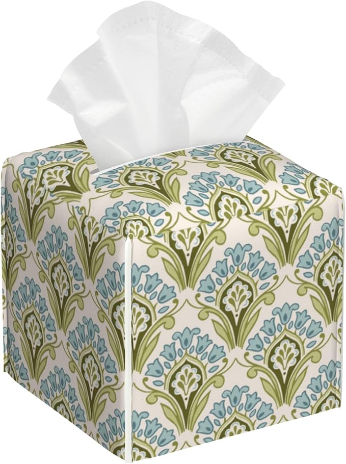 POIUBLE Tissue Box Holder Green and Blue Floral Tissue Box Cover Square Leather Tissue Holder Organizer Portable Decorative Facial Paper Case for Home Office Bathroom Vanity Countertop