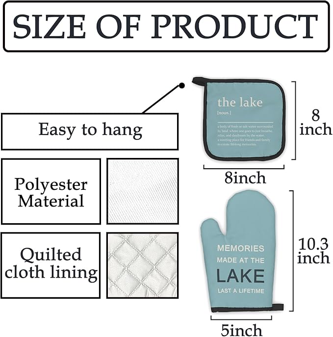 Blue Lake Lovers Gifts Oven Mitts and Pot Holders Sets, Lake House Gifts Kitchen Accessories Sets, Lake House Decor, Memories Made at The Lake Heat Resistant Oven Glove Potholders for Kitchen