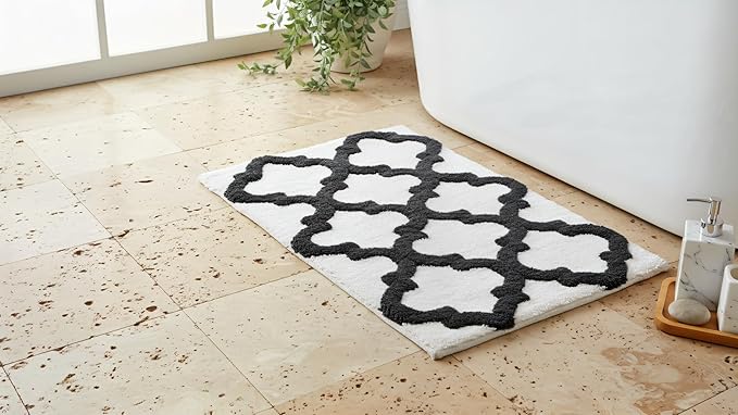 C23 Luxury Trellis Bath Rug Set of 2 (White & Grey) 20"x32" & 16"x24" | 2200 GSM Ultra-Thick High-Density Plush | Decorative Non-Slip Bathroom Mats | Hotel Quality, Machine Washable
