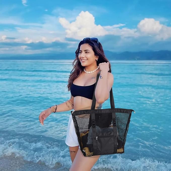 Tainehs Beach Bag - Mesh Tote Bag Beach Vacation Clothes for Women Pool Bag for Travel Pool Family Cruise Essentials 2026