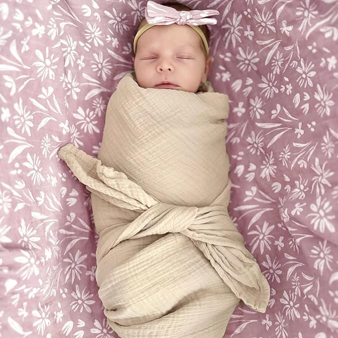 LifeTree Baby Swaddle Blanket and Bow Set, Mauve Floral Muslin Newborn Swaddle Set with Matching Headband Bow, Infant Receiving Blanket Wrap, 47 x 47 inches, 70% Viscose from Bamboo and 30% Cotton