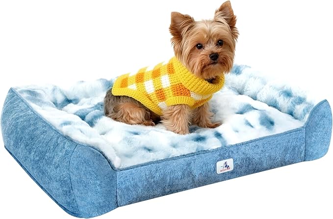 Welfibr Dog Bed 100% Washable Faux Fur Dog Beds Small Size Dog Orthopedic Dog Bed with Sides Elevated Dog Bed Comfort Pet Beds with Removable Cover Noiseless Supportive Dog Couch Anti-Slip Blue 35"
