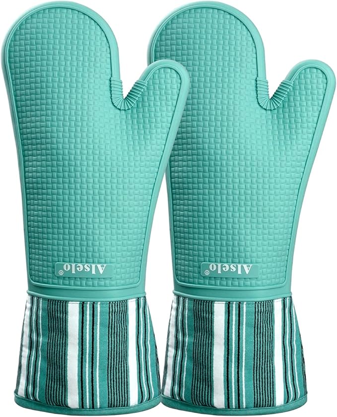 Silicone Oven Mitts Heat Resistant 550 Degree Extra Long Kitchen Gloves Pot Holders with Waterproof and Non-Silp for Baking Cooking Barbecue Microwave Machine Washable (Extra Long Blue, 2)