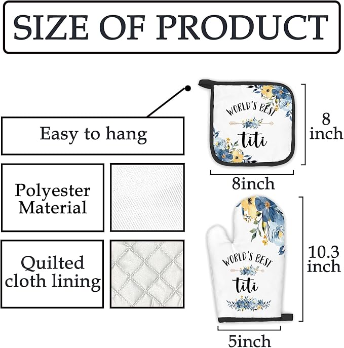 Titi Gifts Oven Mitts and Pot Holders Sets, Gifts for Titi Aunt Auntie Aunty, TitiAunt Auntie Gifts from Nephew Niece,World’s BestTiti Heat Resistant Oven Glove Potholders for Kitchen Cooking