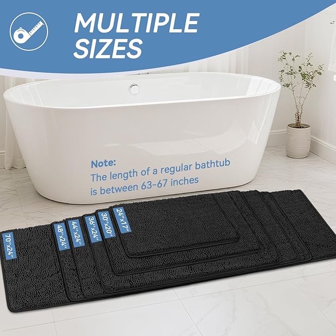 Bcoimo 24"×17" Absorbent Bath Mat, Non-Slip with Backing Chenille Bath Rug and Machine Washable Bathroom Mat Quick-Dry Design. Ideal for Bathroom and Tub Areas
